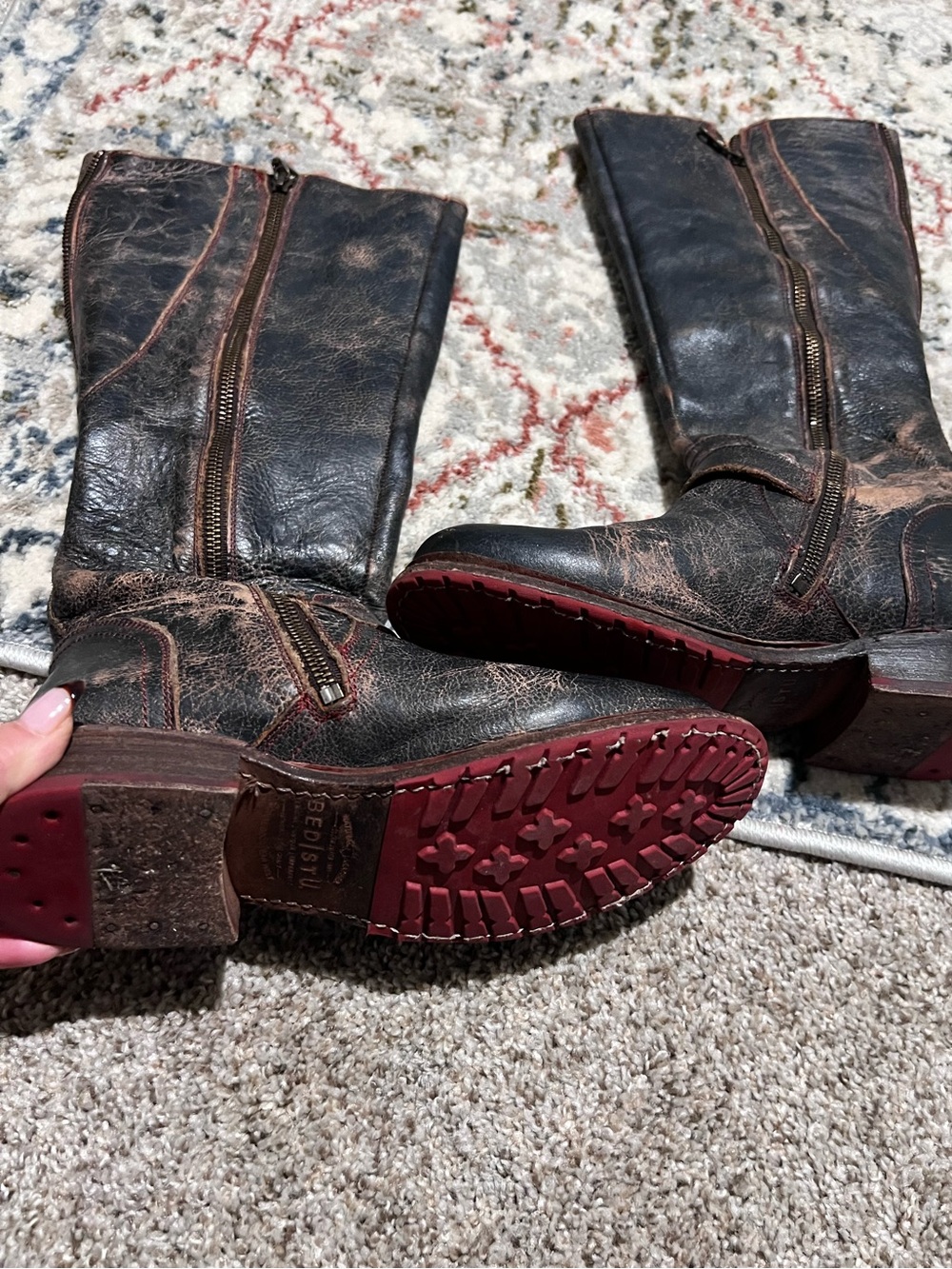 Bed Stu Distressed Brown Leather Mid-Calf Boots with Red Outsole